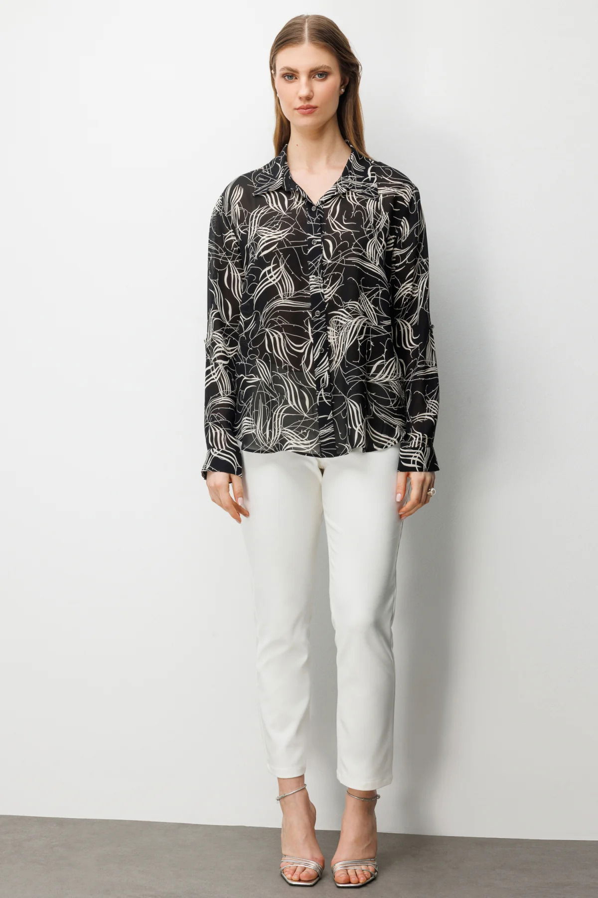 Ekol Kadın Büyük Beden Desenli Transparan Gömlek 2536 Siyah - 3