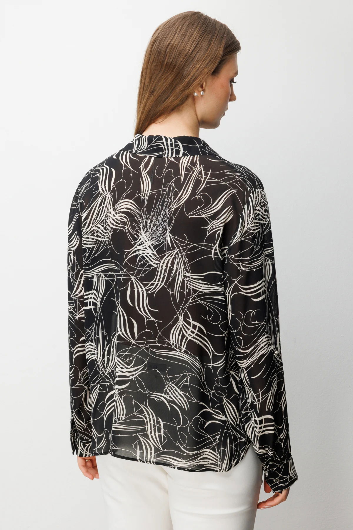 Ekol Kadın Büyük Beden Desenli Transparan Gömlek 2536 Siyah - 4