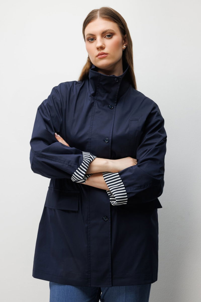 Ekol Kadın Büyük Beden Dik Yaka Kapak Cepli Trenç 7542 Lacivert - 2