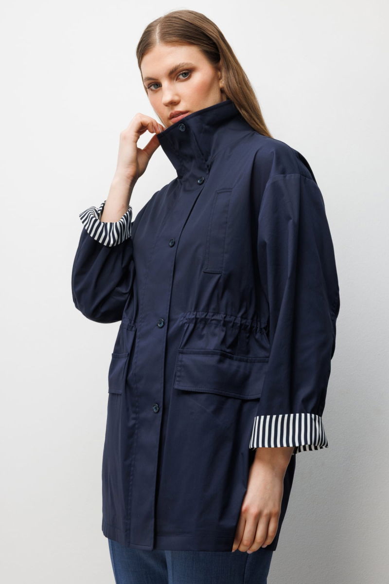 Ekol Kadın Büyük Beden Dik Yaka Kapak Cepli Trenç 7542 Lacivert - 3