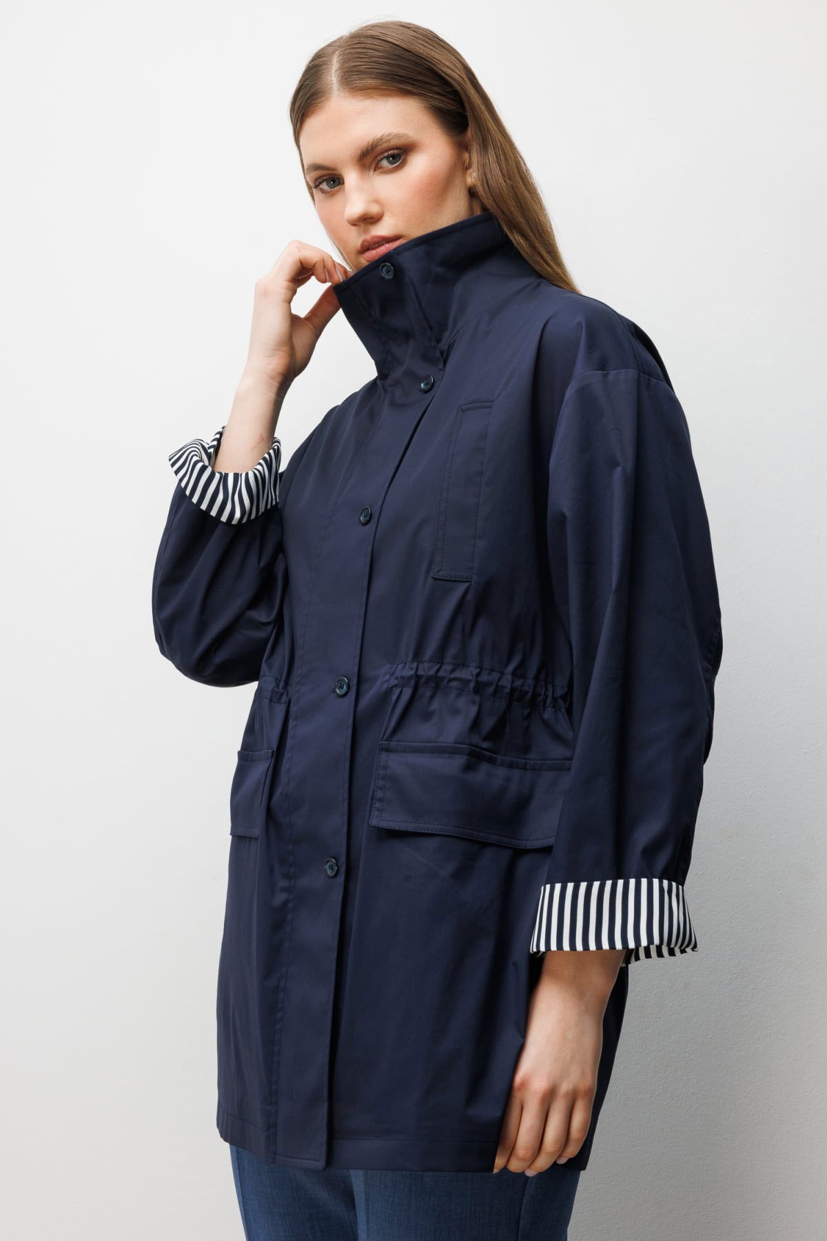 Ekol Kadın Büyük Beden Dik Yaka Kapak Cepli Trenç 7542 Lacivert - 3