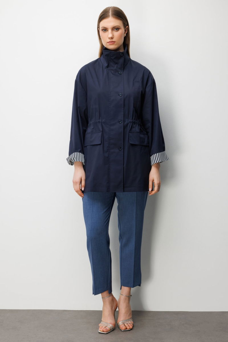 Ekol Kadın Büyük Beden Dik Yaka Kapak Cepli Trenç 7542 Lacivert - 4