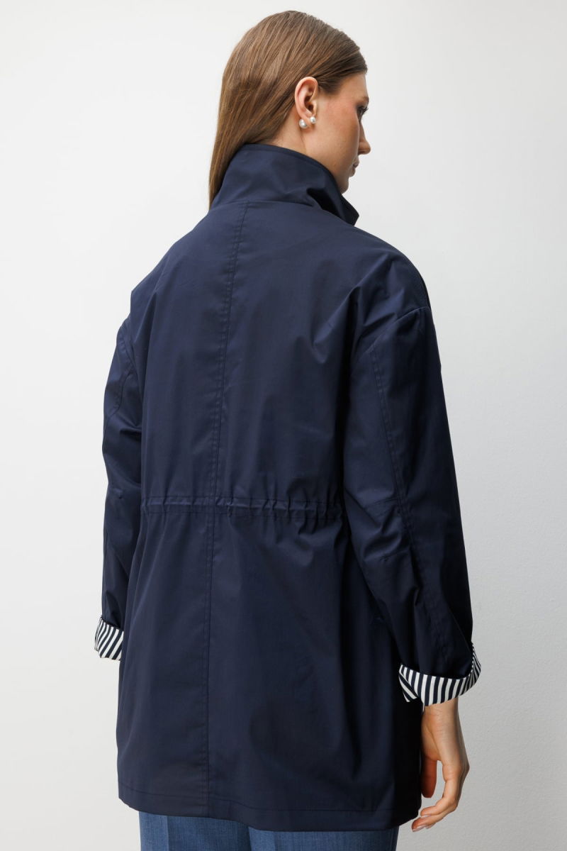 Ekol Kadın Büyük Beden Dik Yaka Kapak Cepli Trenç 7542 Lacivert - 5