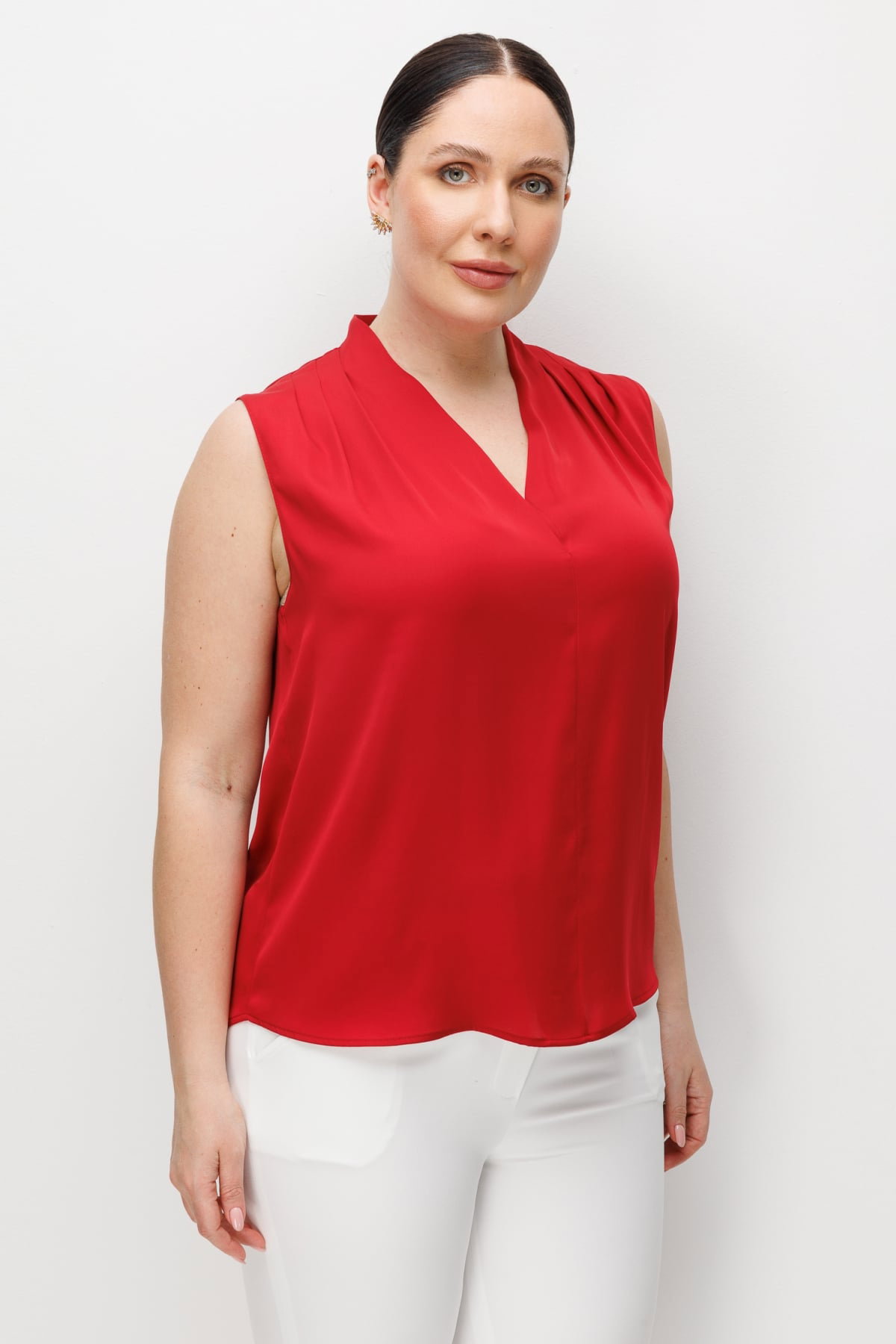Ekol Kadın Büyük Beden Drapeli V Yaka Bluz 2506 Kırmızı - 1