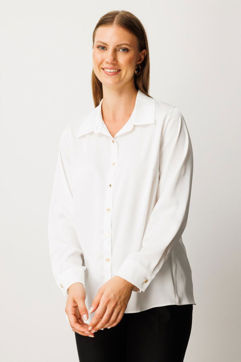 Ekol Kadın Büyük Beden Düğmeli Saten Gömlek 3505 Ekru - Ekol