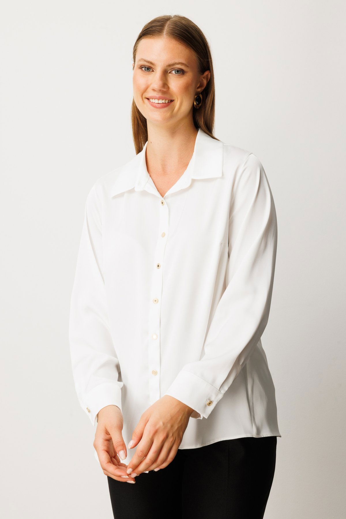 Ekol Kadın Büyük Beden Düğmeli Saten Gömlek 3505 Ekru - 1