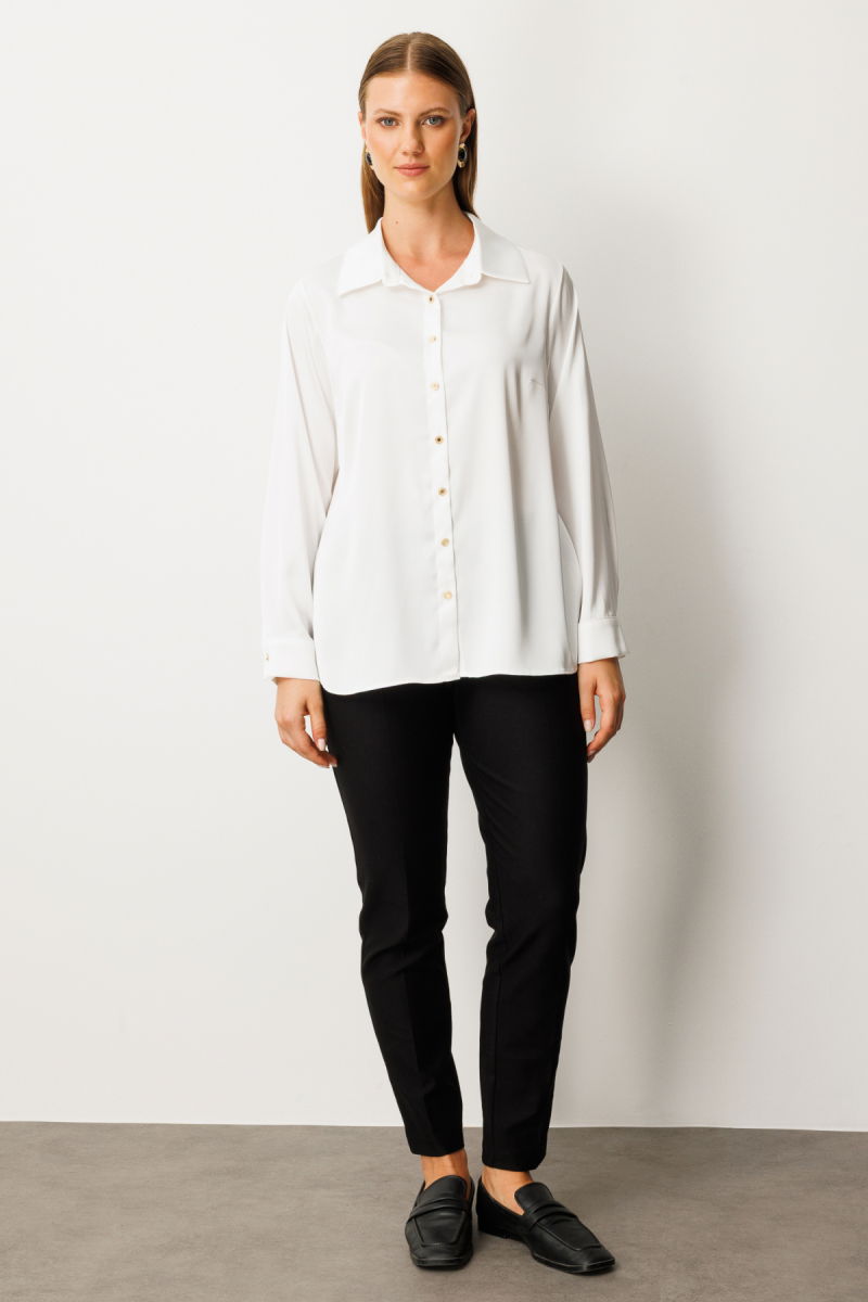 Ekol Kadın Büyük Beden Düğmeli Saten Gömlek 3505 Ekru - 2