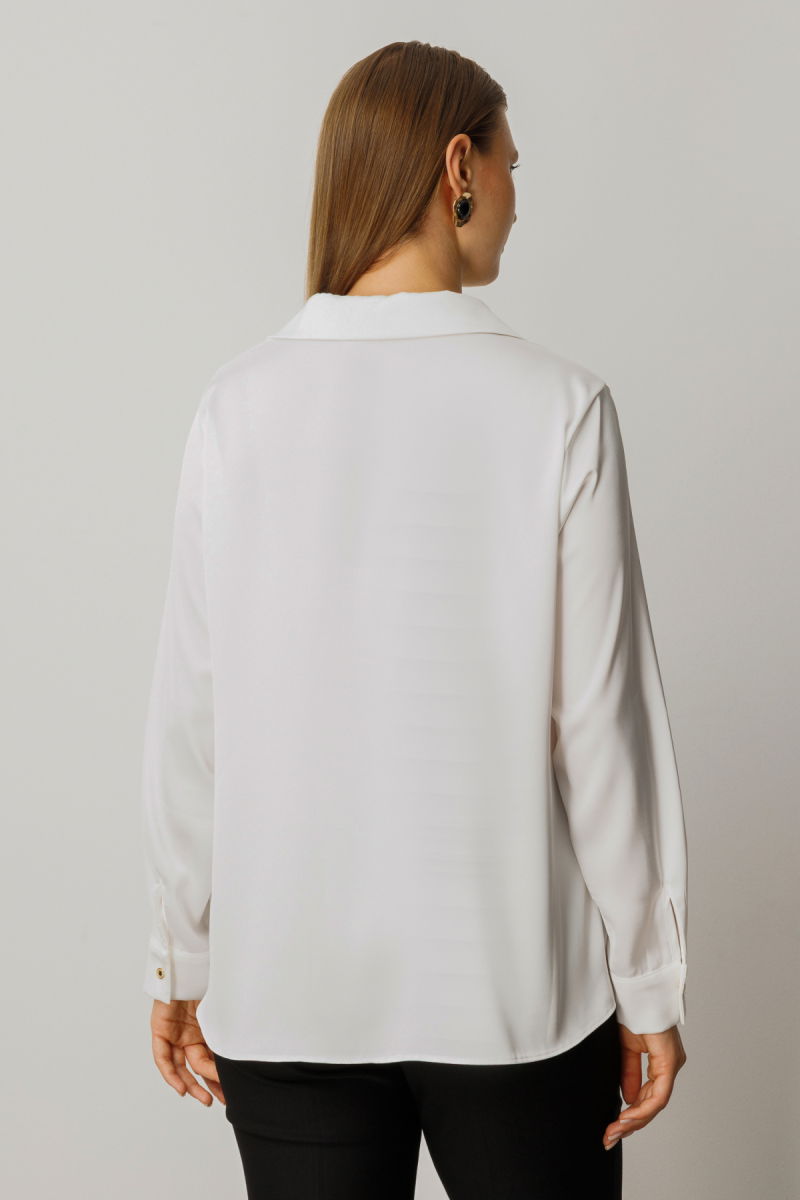 Ekol Kadın Büyük Beden Düğmeli Saten Gömlek 3505 Ekru - 3