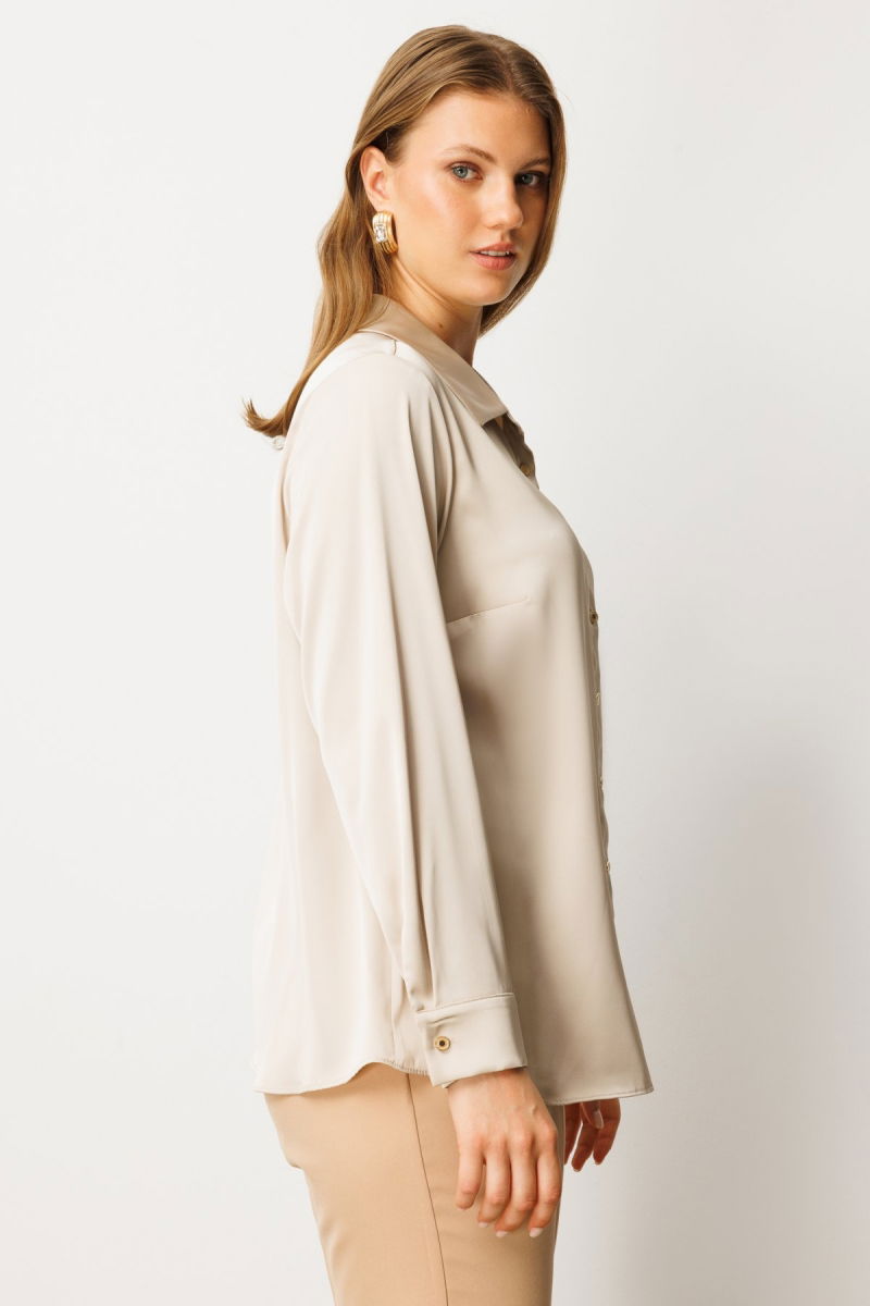 Ekol Kadın Büyük Beden Düğmeli Saten Gömlek 3505 İnci - 2