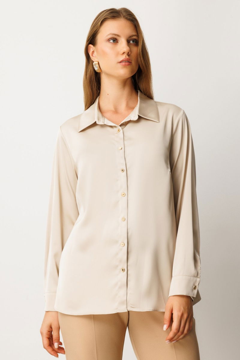 Ekol Kadın Büyük Beden Düğmeli Saten Gömlek 3505 İnci - 3