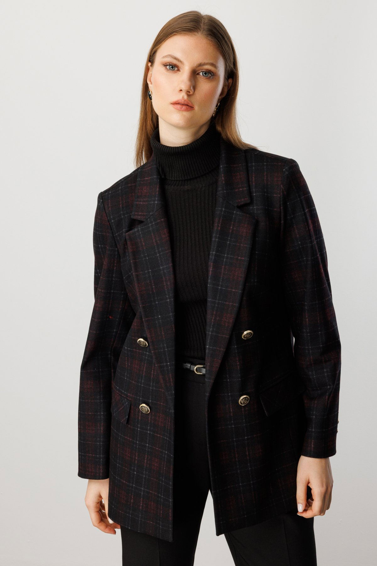 Ekol Kadın Büyük Beden Ekoseli Kapak Cepli Ceket 5539 Bordo - 1