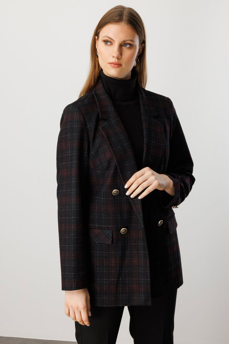 Ekol Kadın Büyük Beden Ekoseli Kapak Cepli Ceket 5539 Bordo - 2