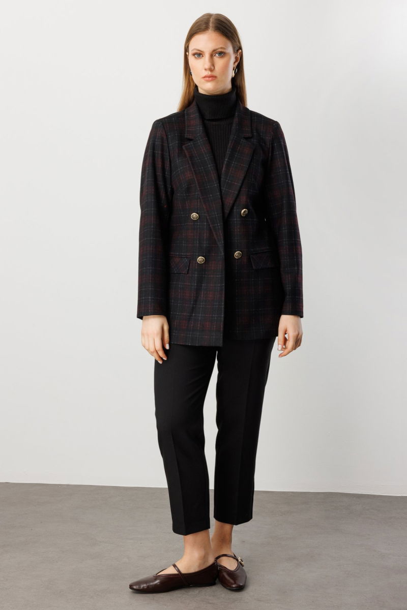 Ekol Kadın Büyük Beden Ekoseli Kapak Cepli Ceket 5539 Bordo - 3