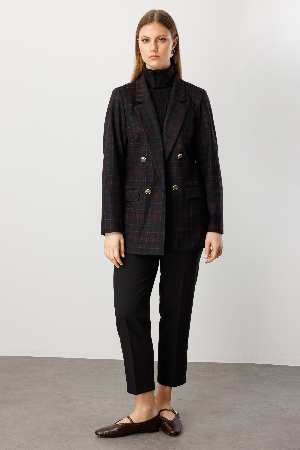 Ekol Kadın Büyük Beden Ekoseli Kapak Cepli Ceket 5539 Bordo - 3