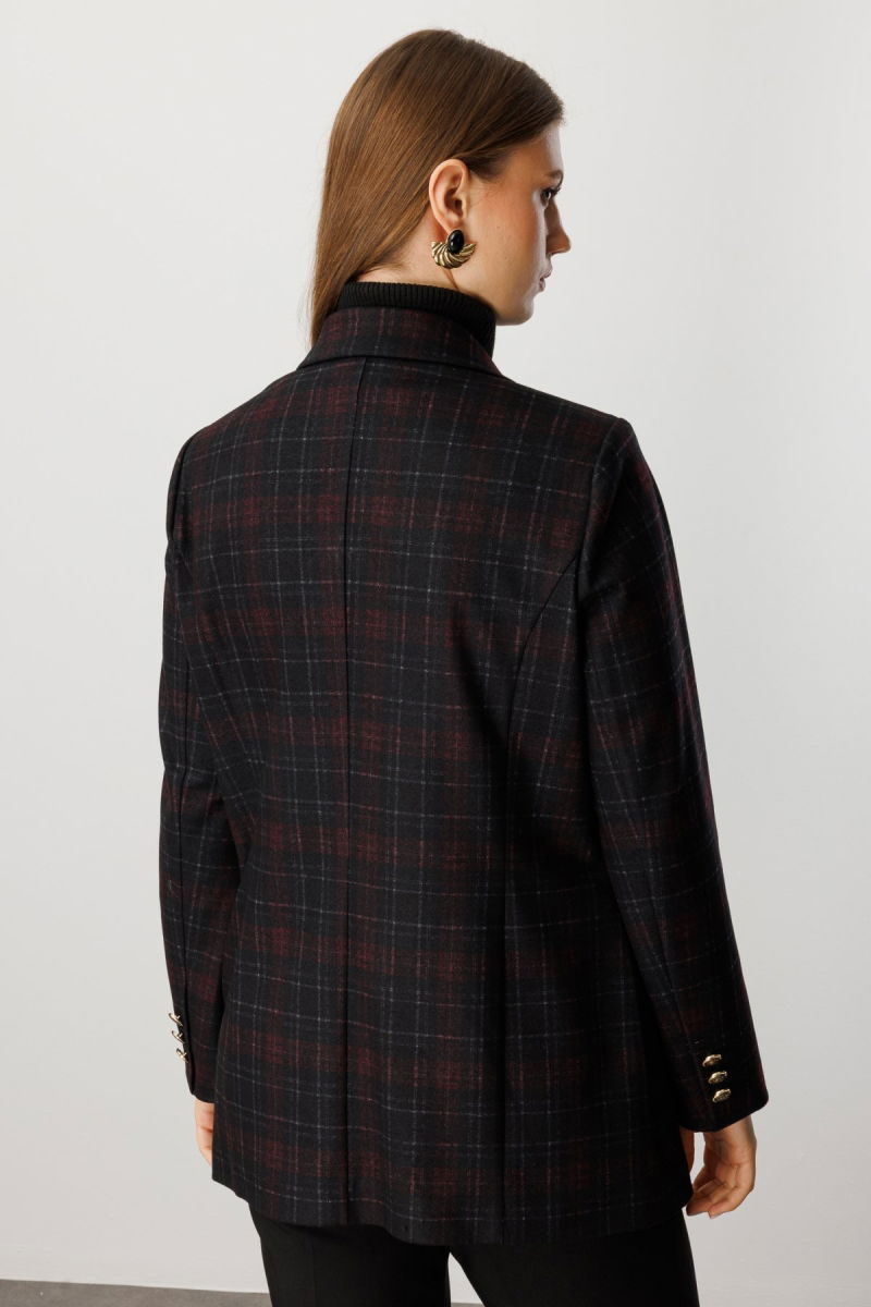 Ekol Kadın Büyük Beden Ekoseli Kapak Cepli Ceket 5539 Bordo - 4