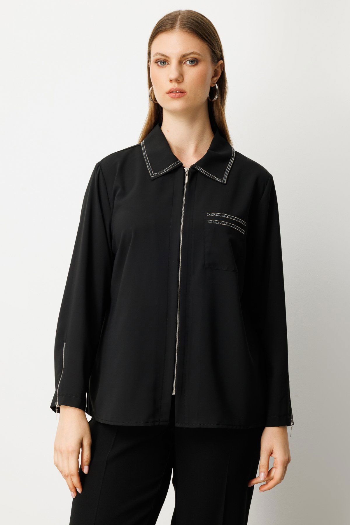 Ekol Kadın Büyük Beden Fermuarlı Taş İşlemeli Bluz 3981 Siyah - 1