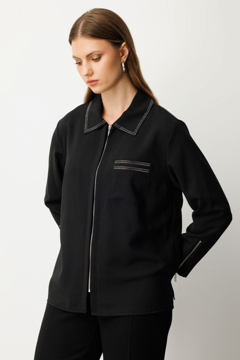 Ekol Kadın Büyük Beden Fermuarlı Taş İşlemeli Bluz 3981 Siyah - 2