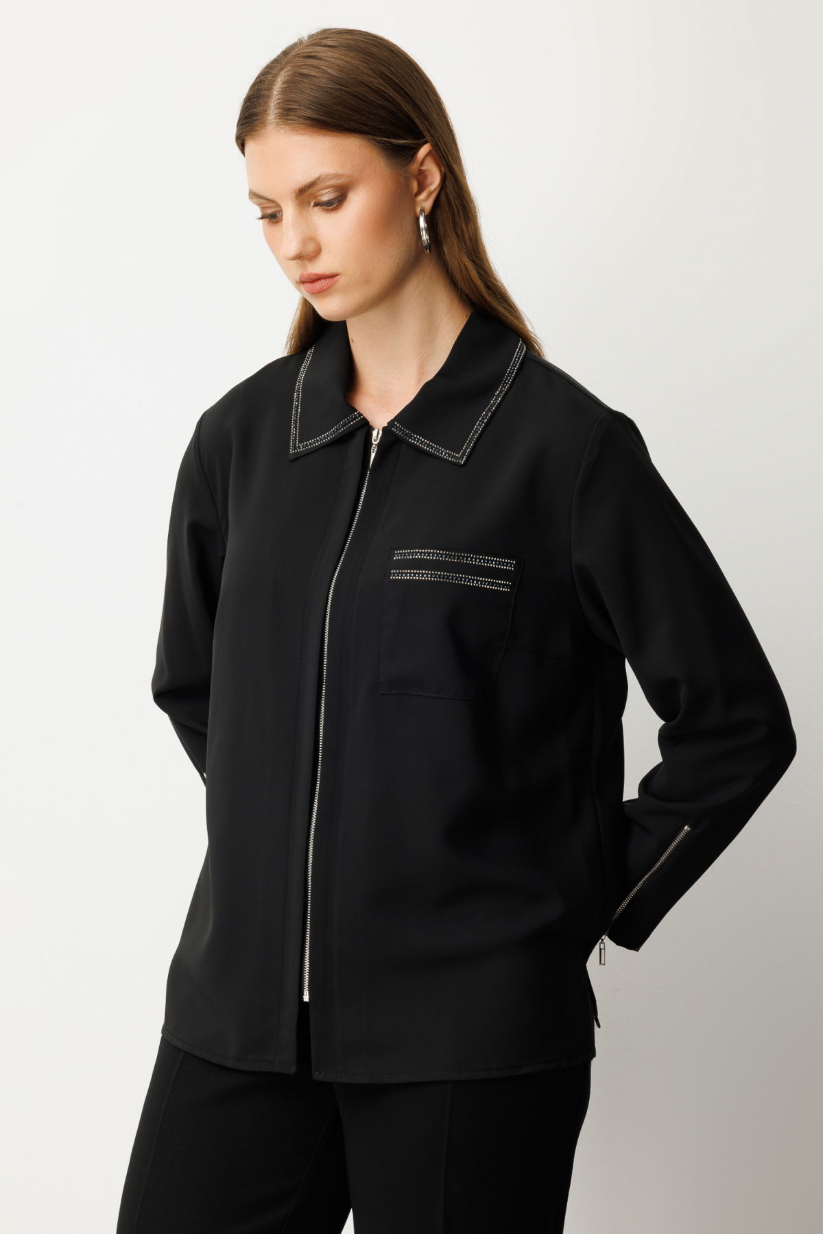 Ekol Kadın Büyük Beden Fermuarlı Taş İşlemeli Bluz 3981 Siyah - 2