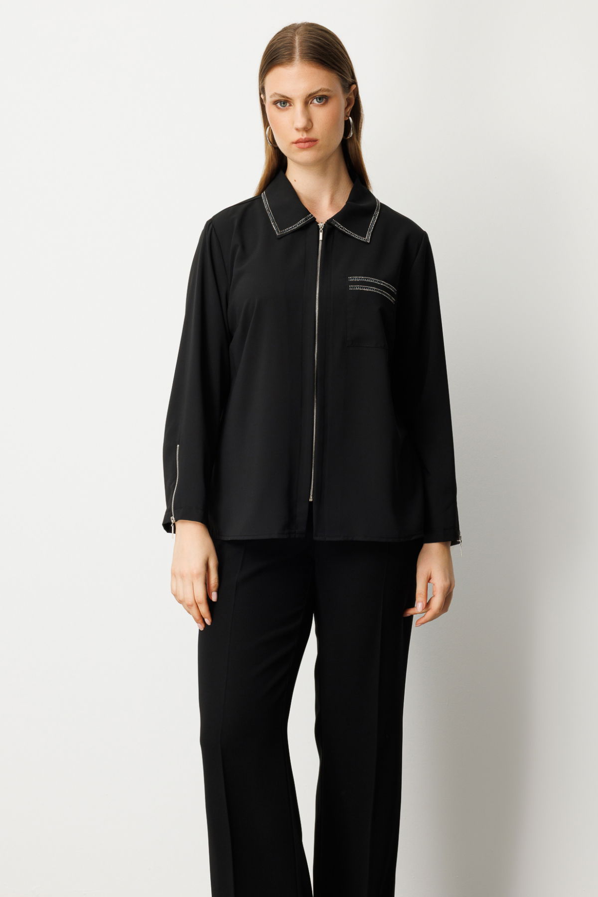 Ekol Kadın Büyük Beden Fermuarlı Taş İşlemeli Bluz 3981 Siyah - 3