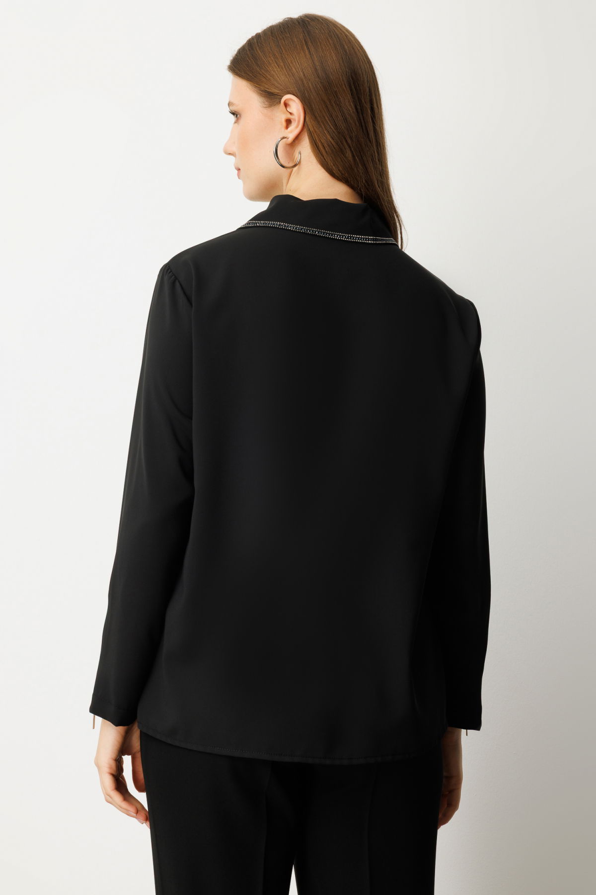 Ekol Kadın Büyük Beden Fermuarlı Taş İşlemeli Bluz 3981 Siyah - 4