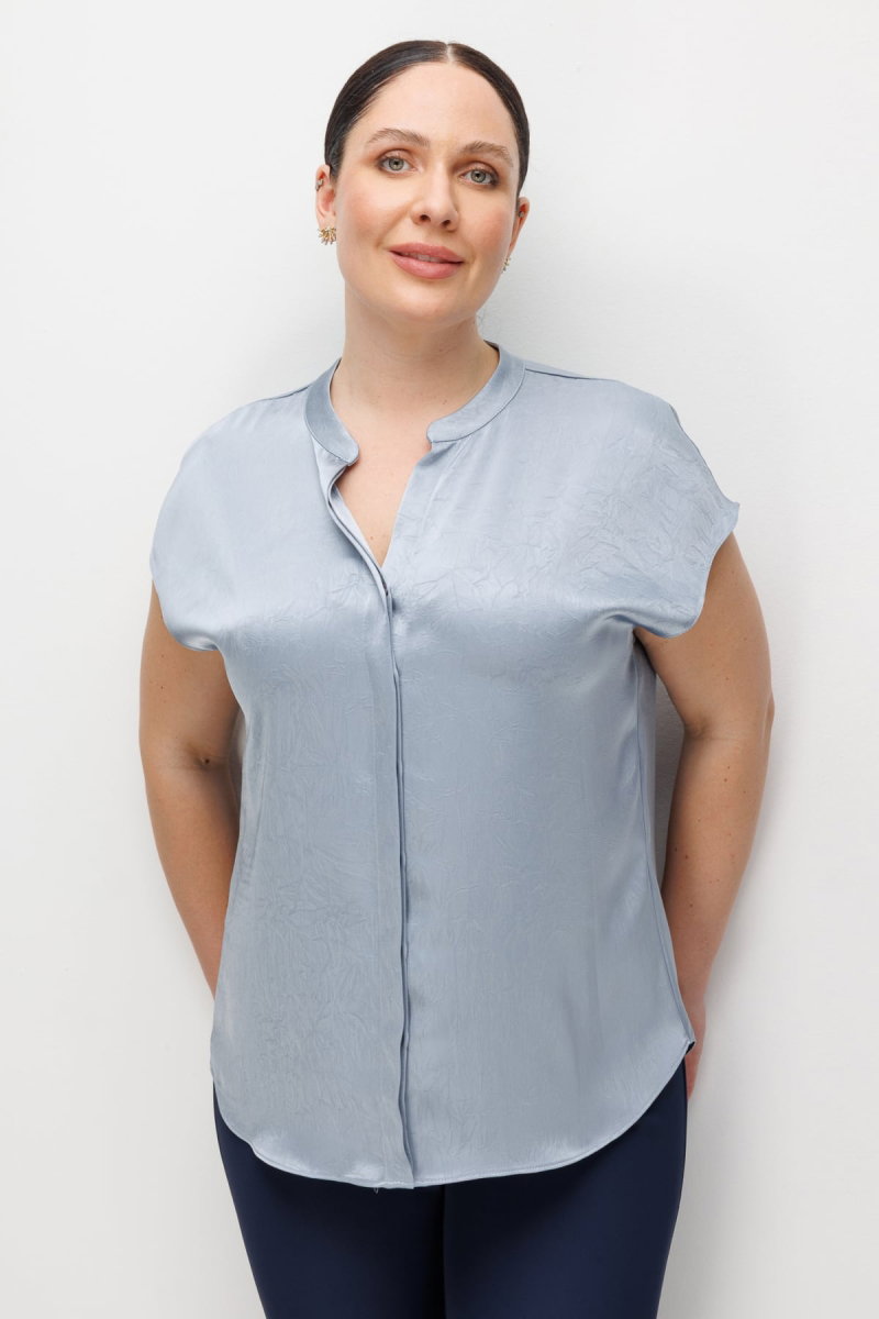 Ekol Kadın Büyük Beden Hakim Yaka Kırışık Desenli Bluz 2552 Blue - Ekol