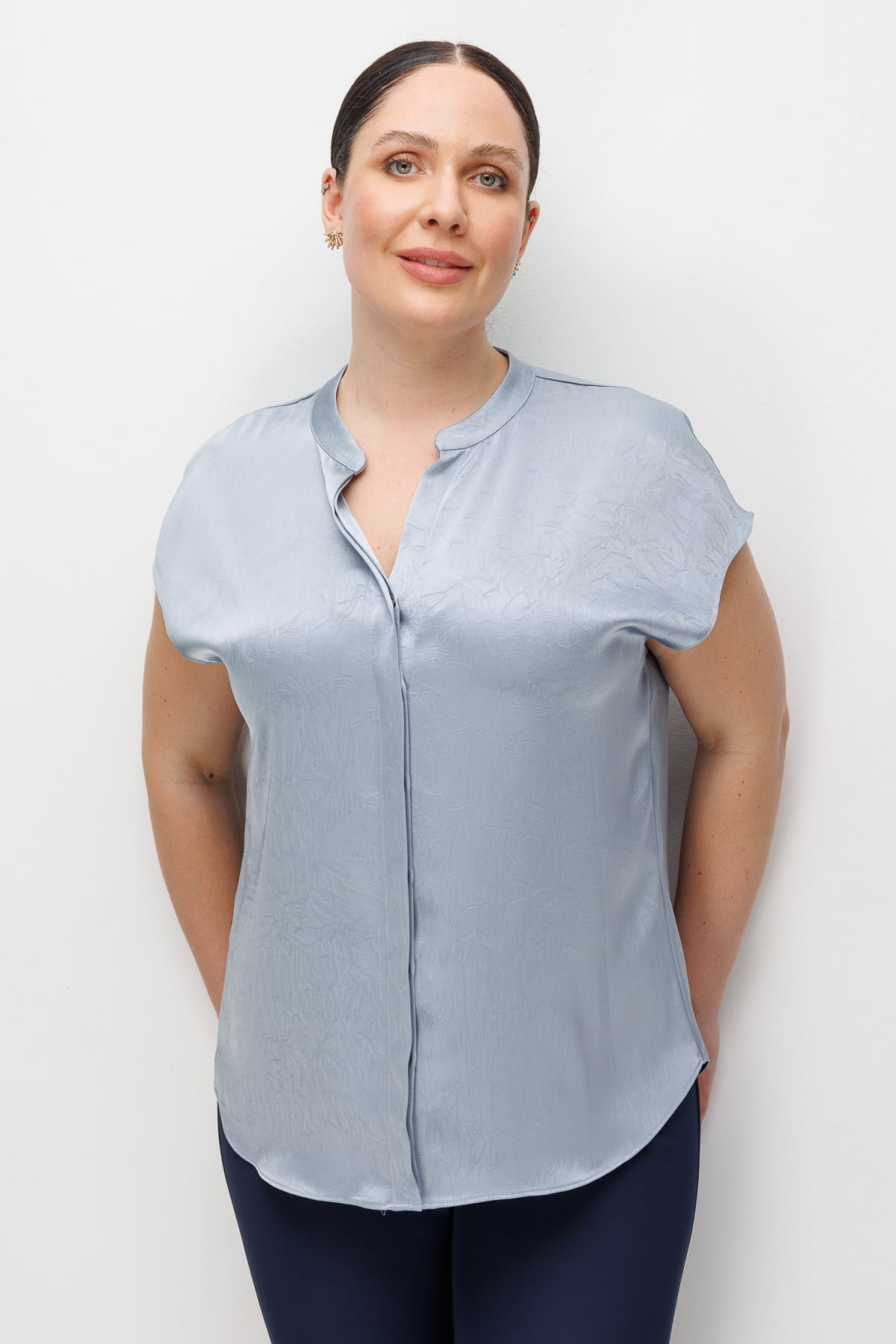 Ekol Kadın Büyük Beden Hakim Yaka Kırışık Desenli Bluz 2552 Blue - 1