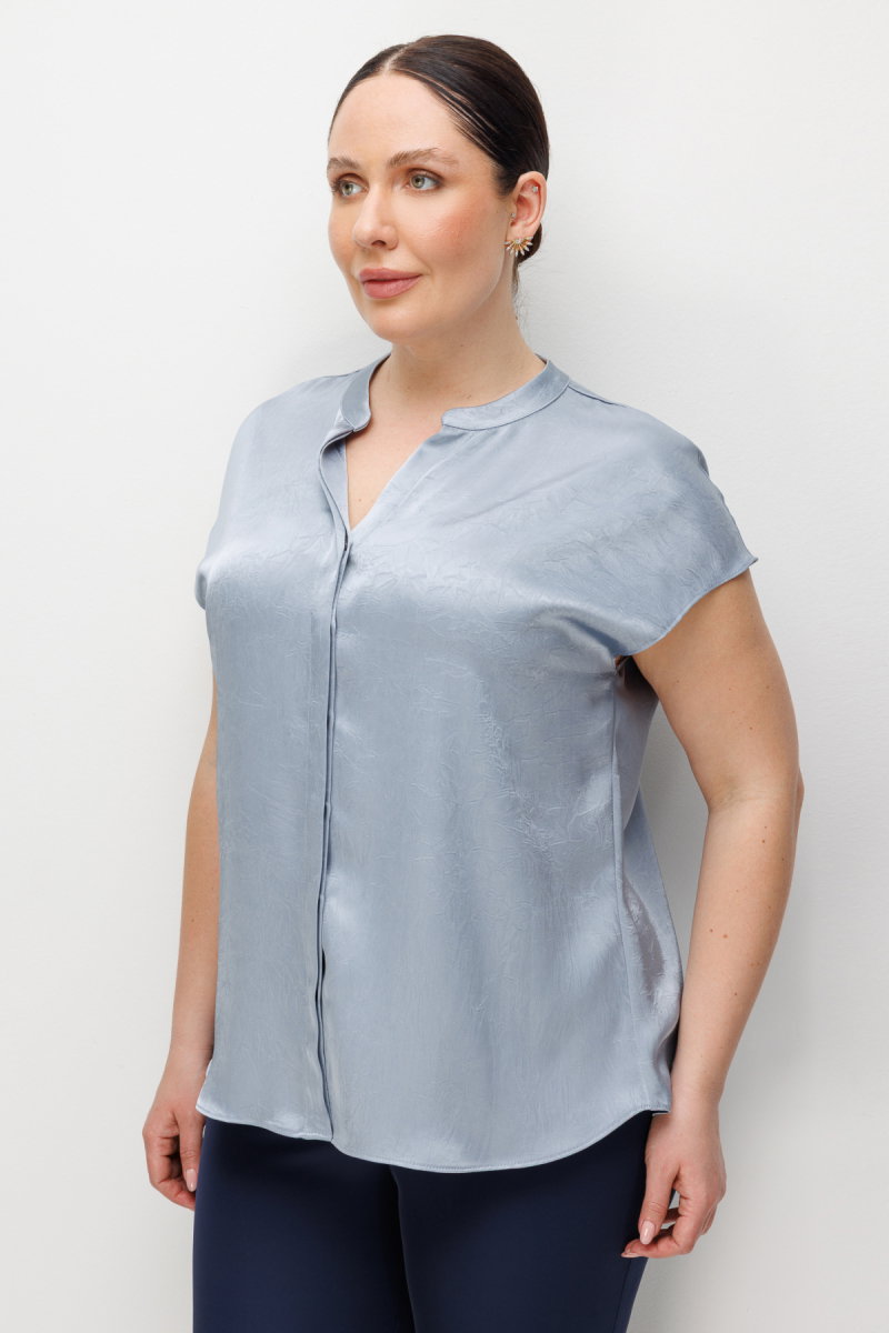 Ekol Kadın Büyük Beden Hakim Yaka Kırışık Desenli Bluz 2552 Blue - 2