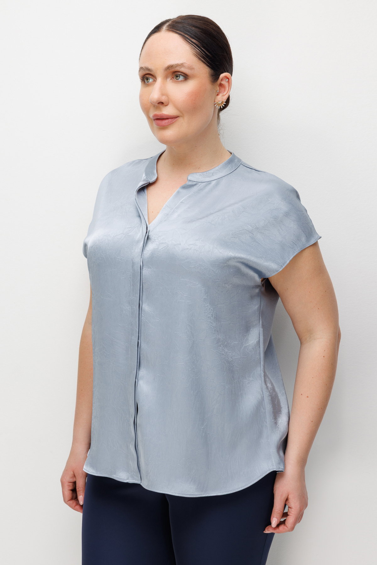 Ekol Kadın Büyük Beden Hakim Yaka Kırışık Desenli Bluz 2552 Blue - 2