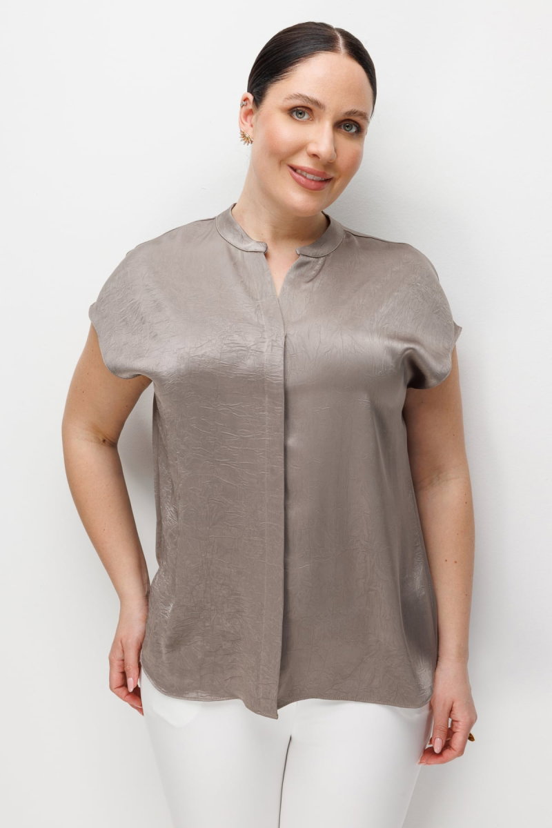 Ekol Kadın Büyük Beden Hakim Yaka Kırışık Desenli Bluz 2552 Vizon - Ekol