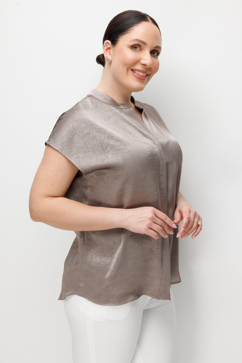 Ekol Kadın Büyük Beden Hakim Yaka Kırışık Desenli Bluz 2552 Vizon - 2