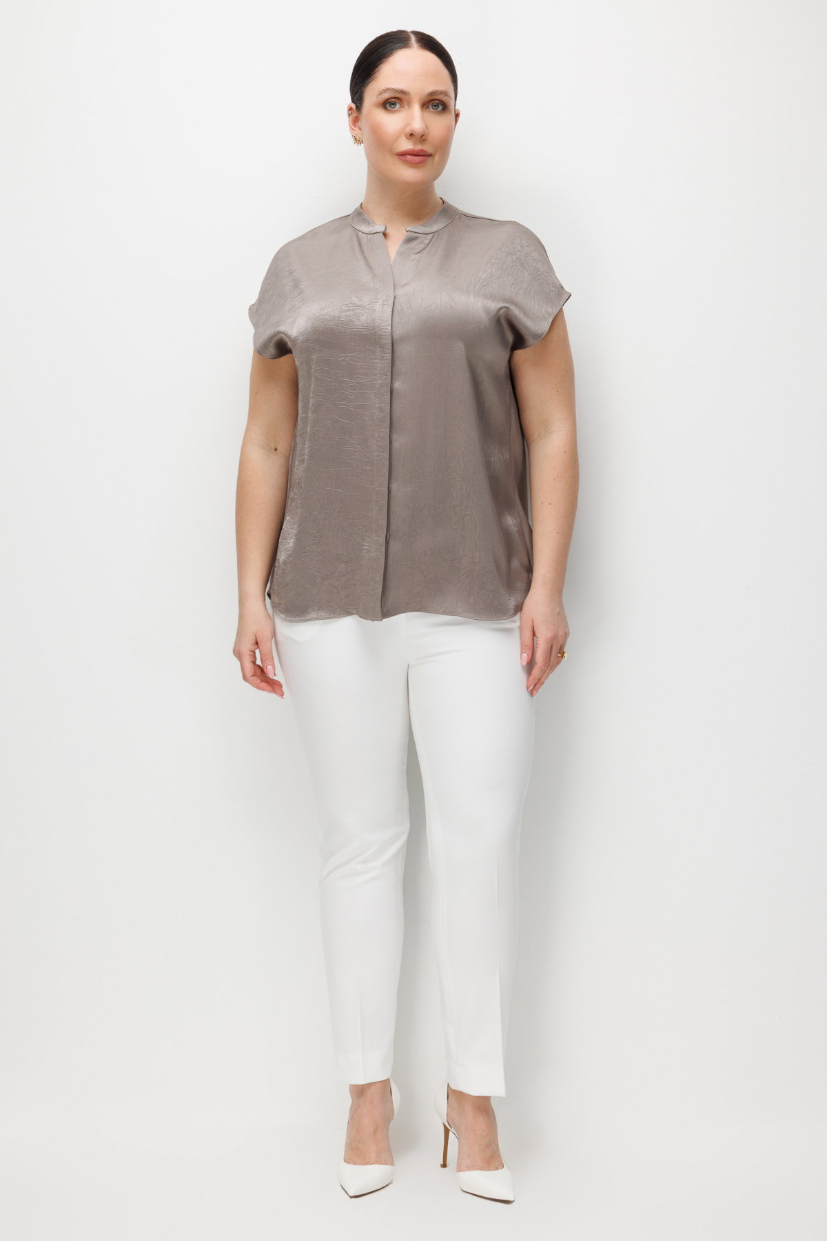 Ekol Kadın Büyük Beden Hakim Yaka Kırışık Desenli Bluz 2552 Vizon - 3