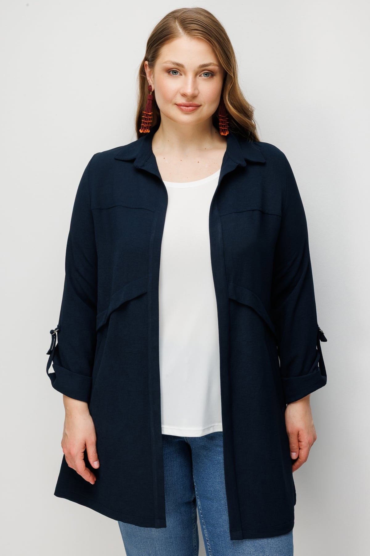 Ekol Kadın Büyük Beden İç Atletli Duble Kol Gömlek 1988 Lacivert - 1