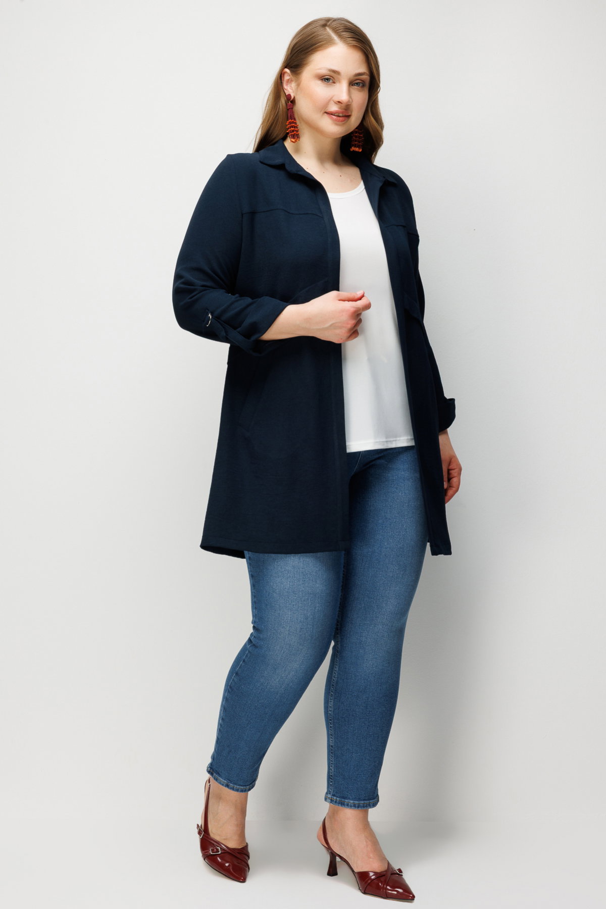 Ekol Kadın Büyük Beden İç Atletli Duble Kol Gömlek 1988 Lacivert - 3