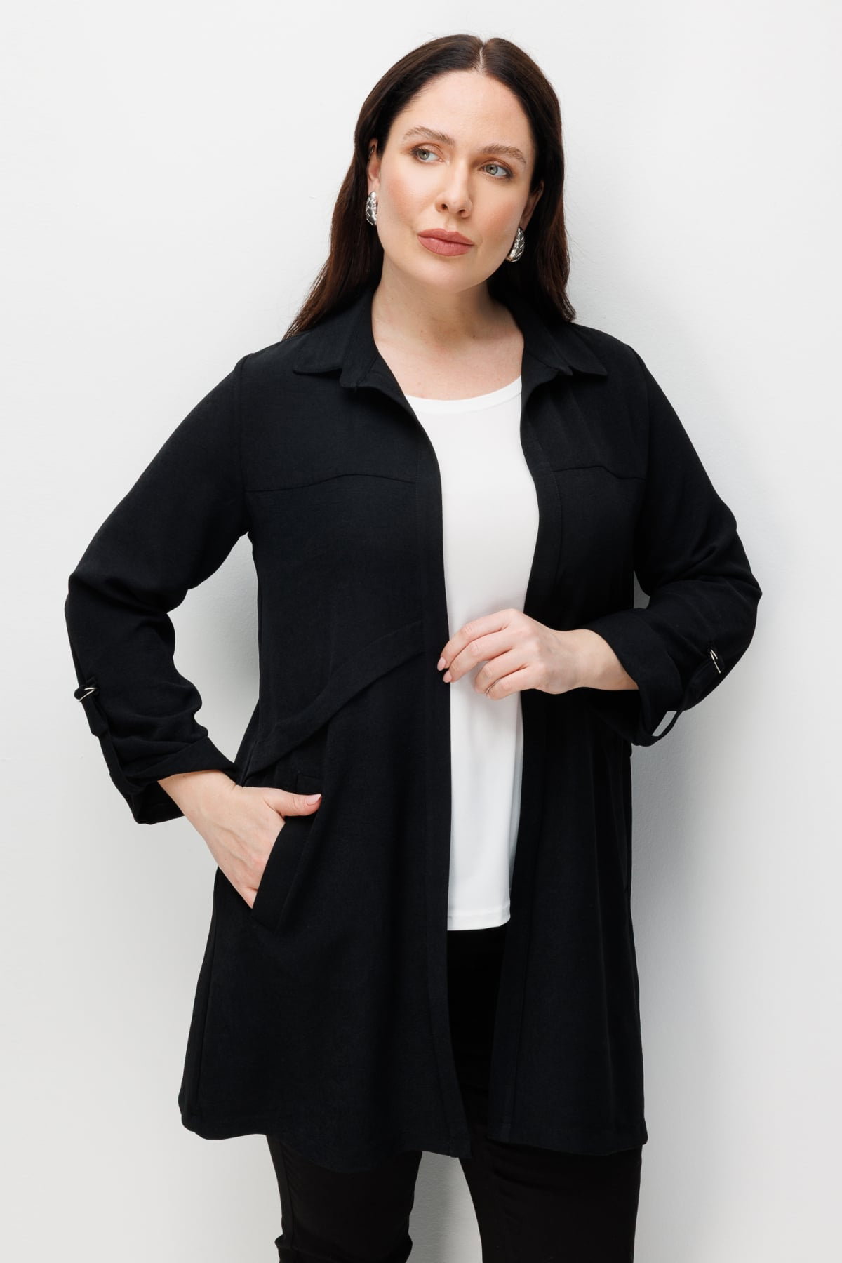 Ekol Kadın Büyük Beden İç Atletli Duble Kol Gömlek 1988 Siyah - 1