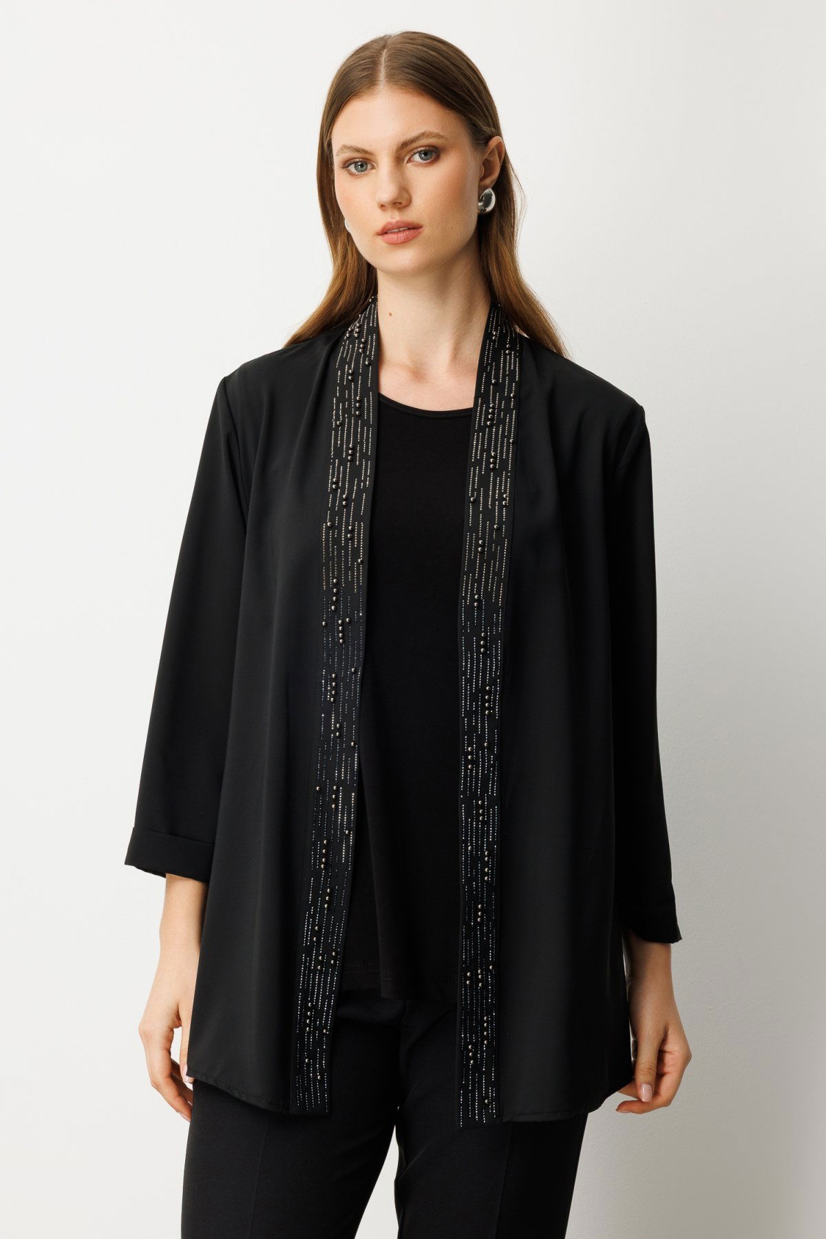 Ekol Kadın Büyük Beden İç Atletli Yakası Taş İşlemeli Ceket 5981 Siyah - 1