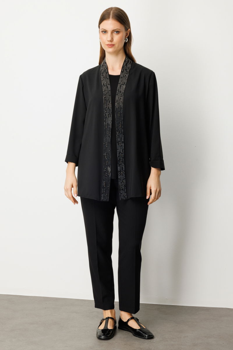 Ekol Kadın Büyük Beden İç Atletli Yakası Taş İşlemeli Ceket 5981 Siyah - 3