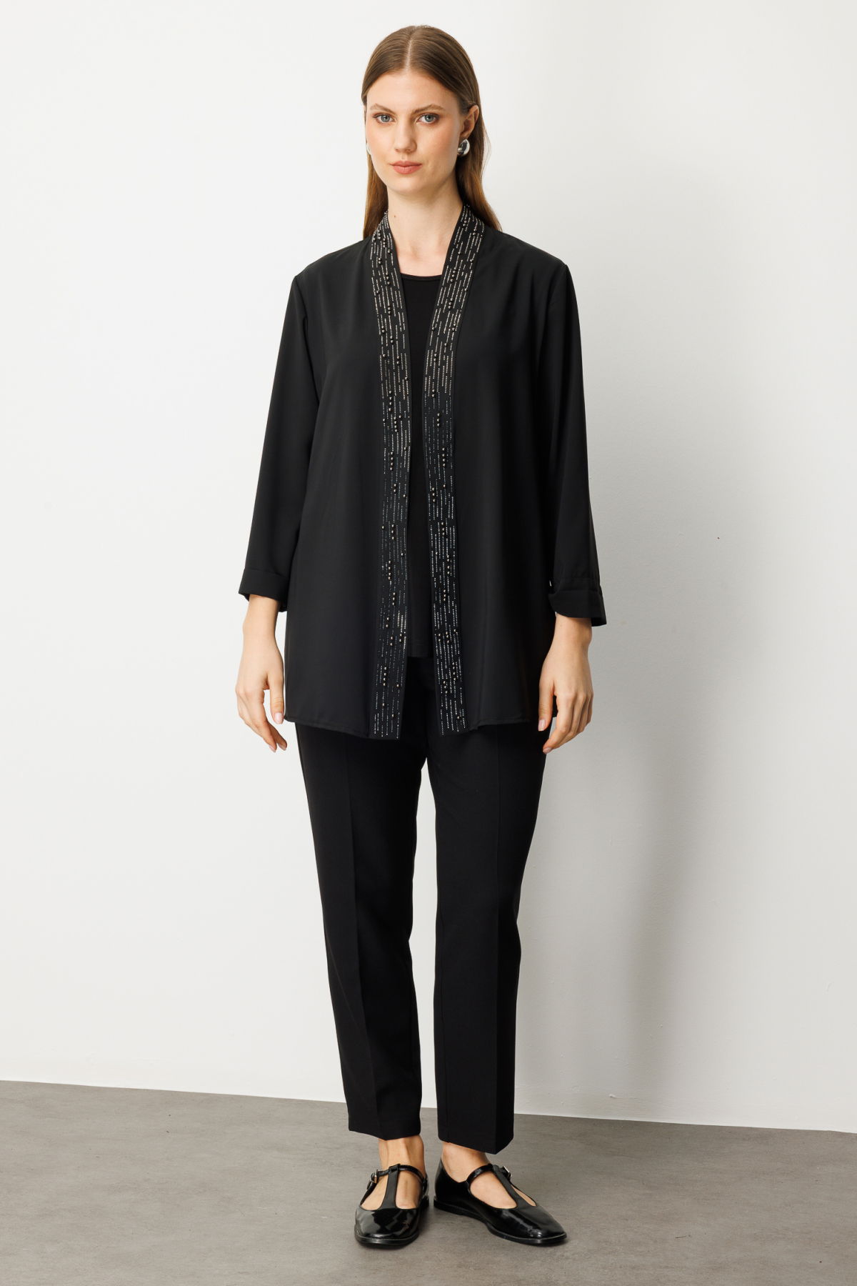 Ekol Kadın Büyük Beden İç Atletli Yakası Taş İşlemeli Ceket 5981 Siyah - 3