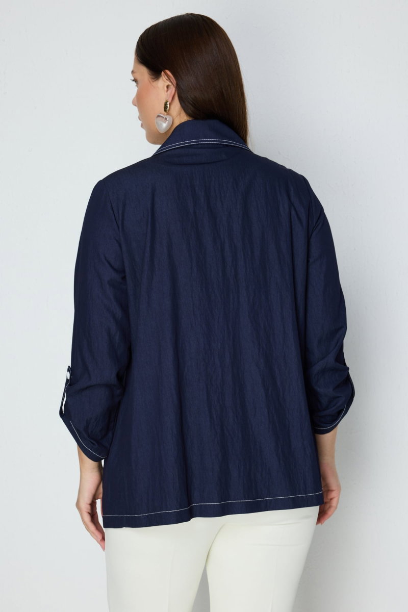 Ekol Kadın Büyük Beden İçi Bluzlu Süs Cepli Ceket 1990 Indigo - 4