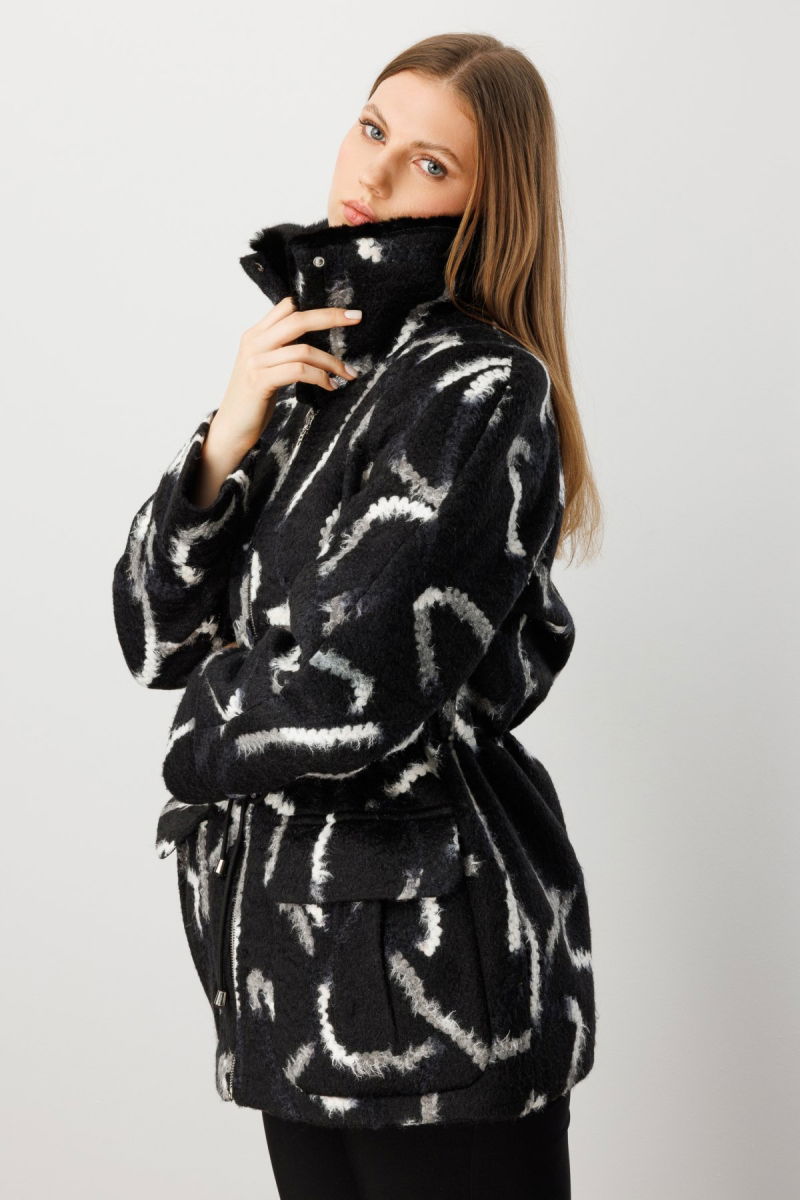 Ekol Kadın Büyük Beden Kapak Cepli Desenli Kaban 6301 Siyah - Ekol