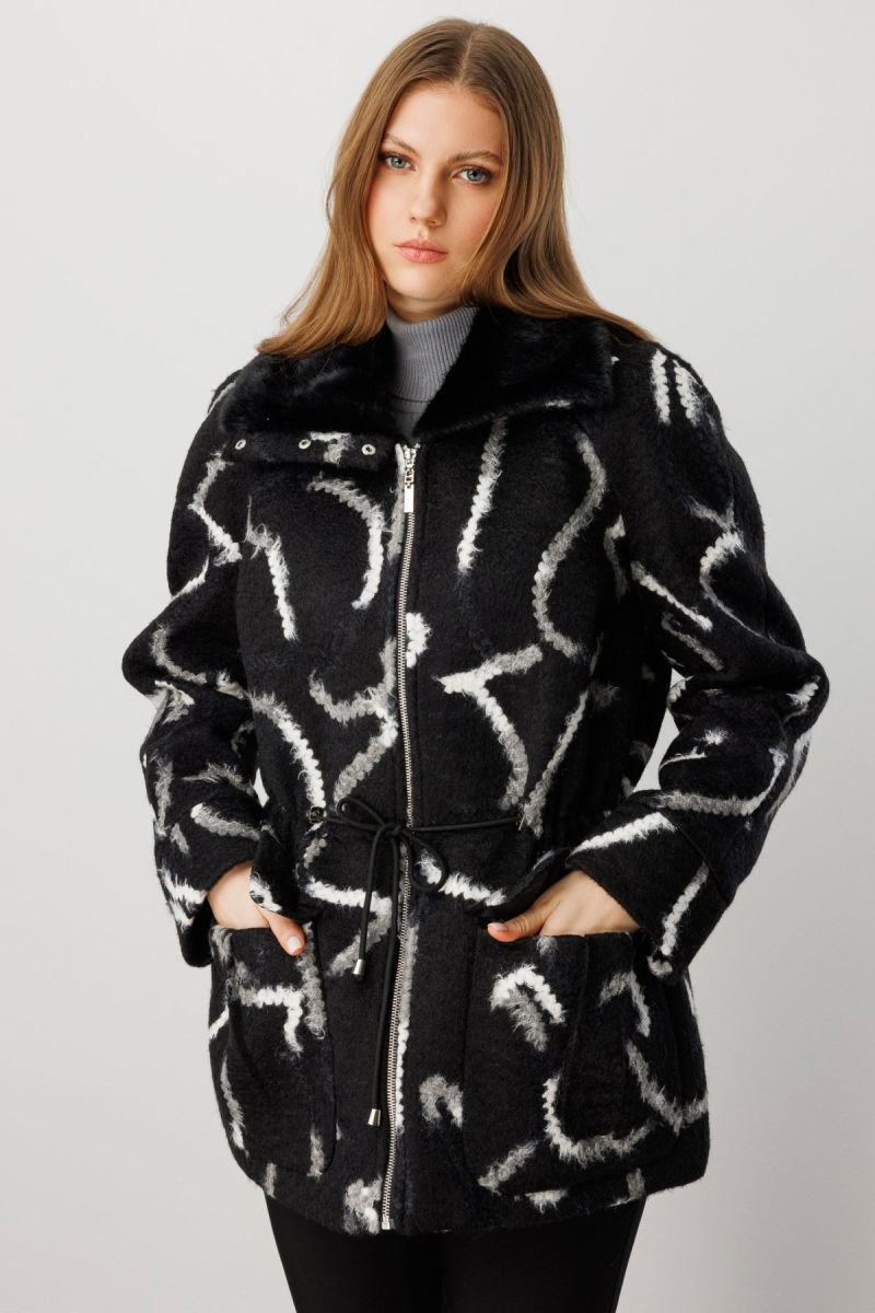 Ekol Kadın Büyük Beden Kapak Cepli Desenli Kaban 6301 Siyah - 3