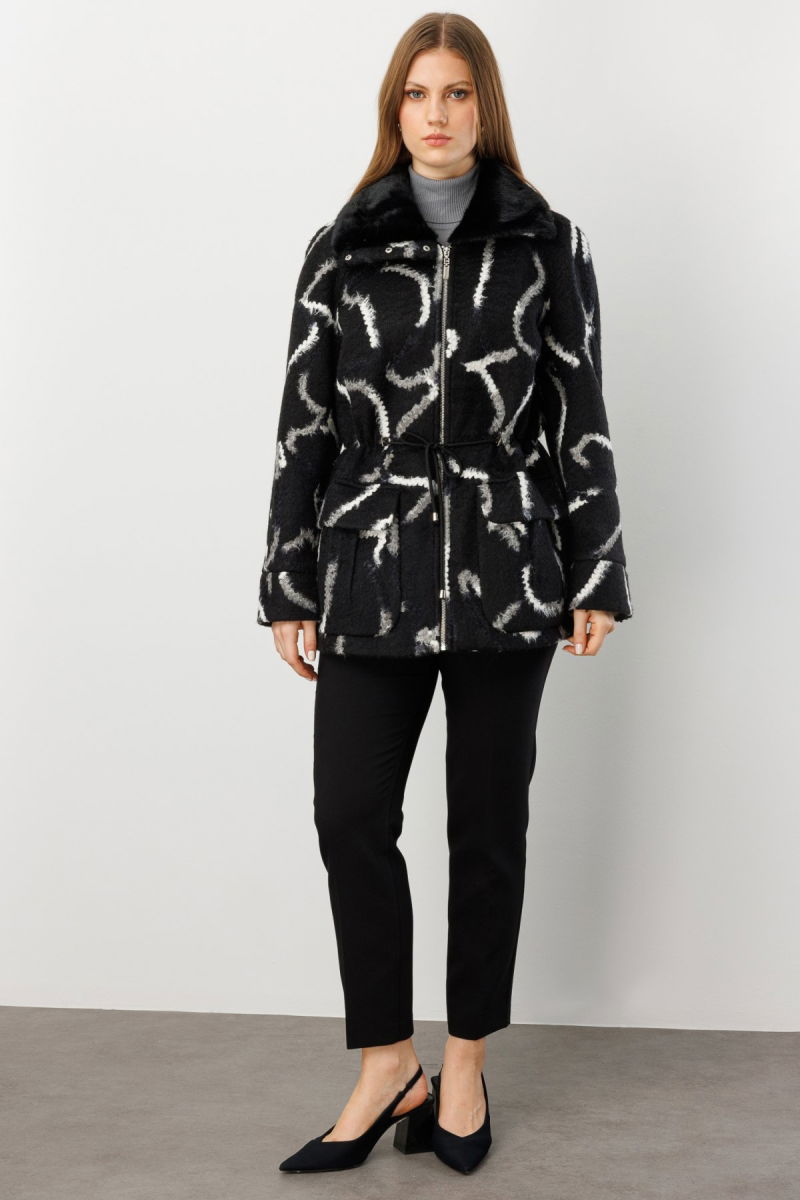 Ekol Kadın Büyük Beden Kapak Cepli Desenli Kaban 6301 Siyah - 4