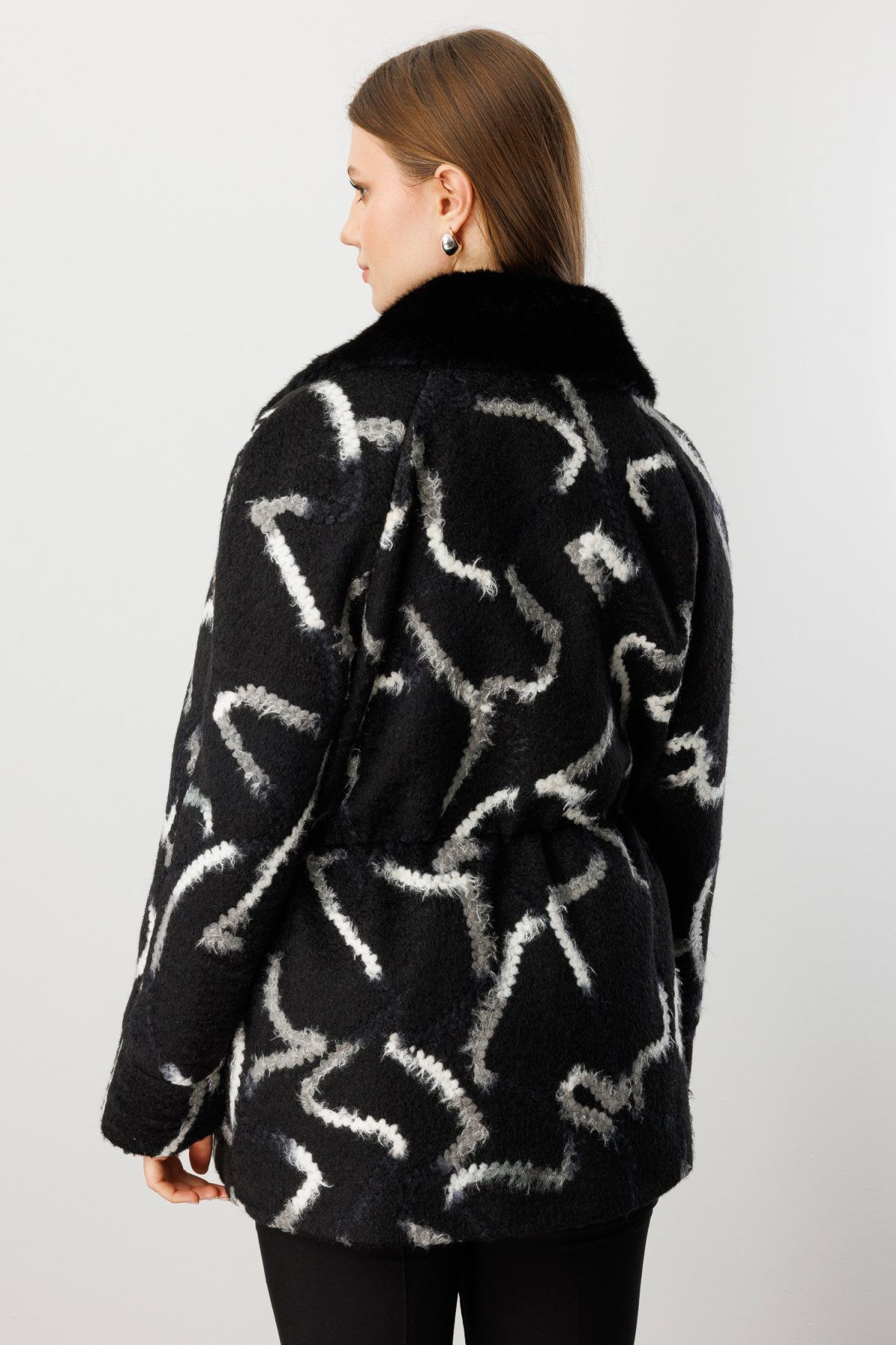 Ekol Kadın Büyük Beden Kapak Cepli Desenli Kaban 6301 Siyah - 5