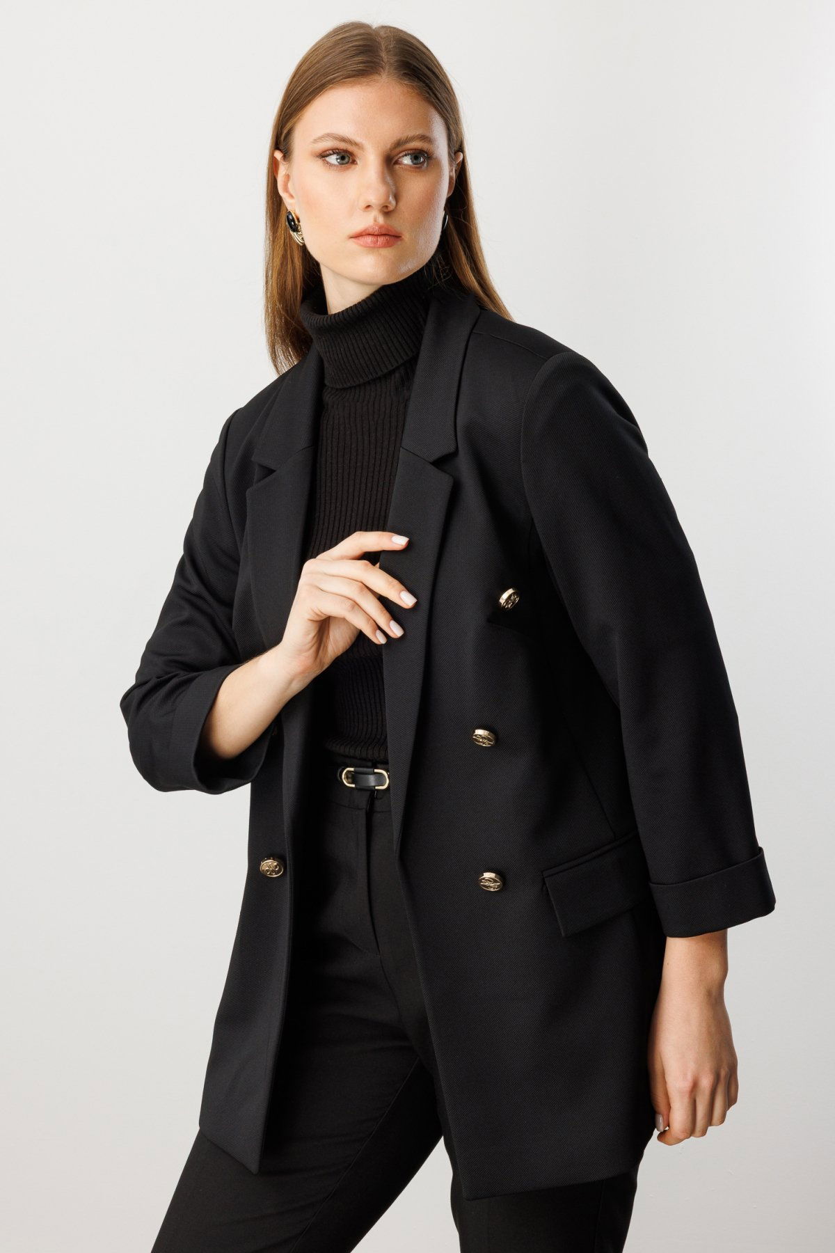 Ekol Kadın Büyük Beden Kapak Cepli Duble Kol Ceket 5523 Siyah - 1