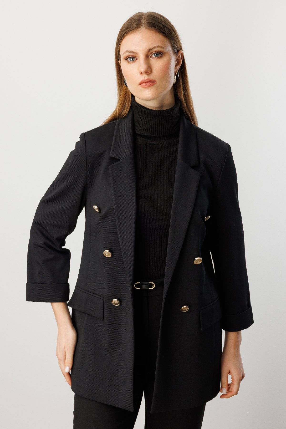 Ekol Kadın Büyük Beden Kapak Cepli Duble Kol Ceket 5523 Siyah - 2