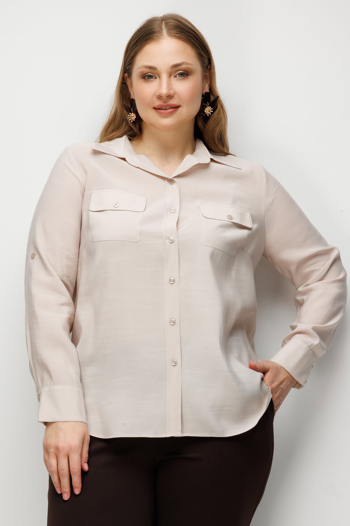 Ekol Kadın Büyük Beden Kapak Cepli Gömlek 2512 Taş - 1
