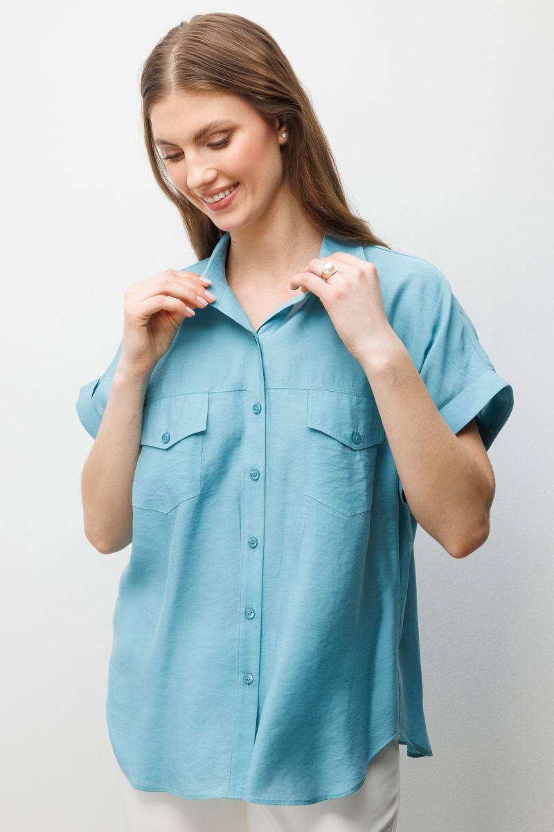 Ekol Kadın Büyük Beden Kapak Cepli Kısa Kol Gömlek 2588 Aqua - Ekol