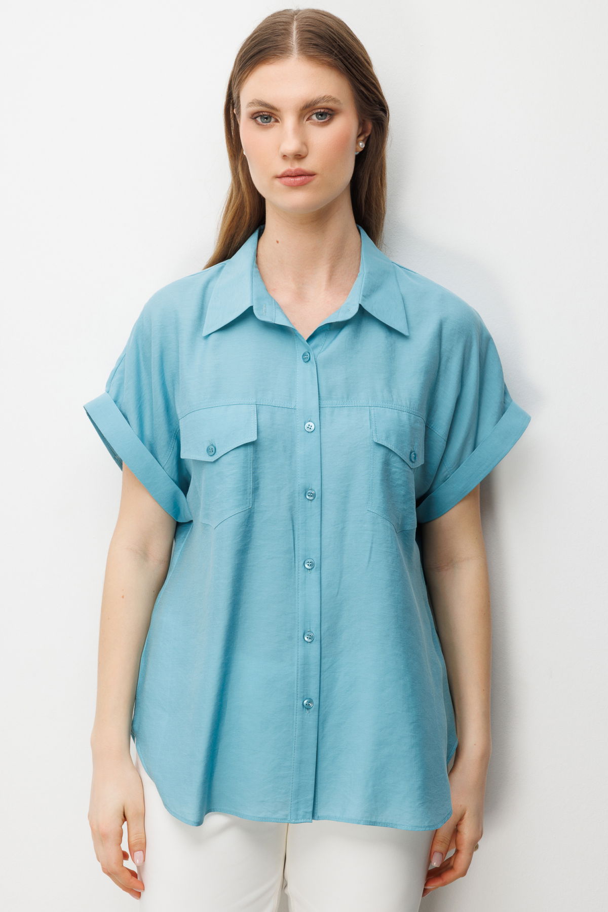 Ekol Kadın Büyük Beden Kapak Cepli Kısa Kol Gömlek 2588 Aqua - 2