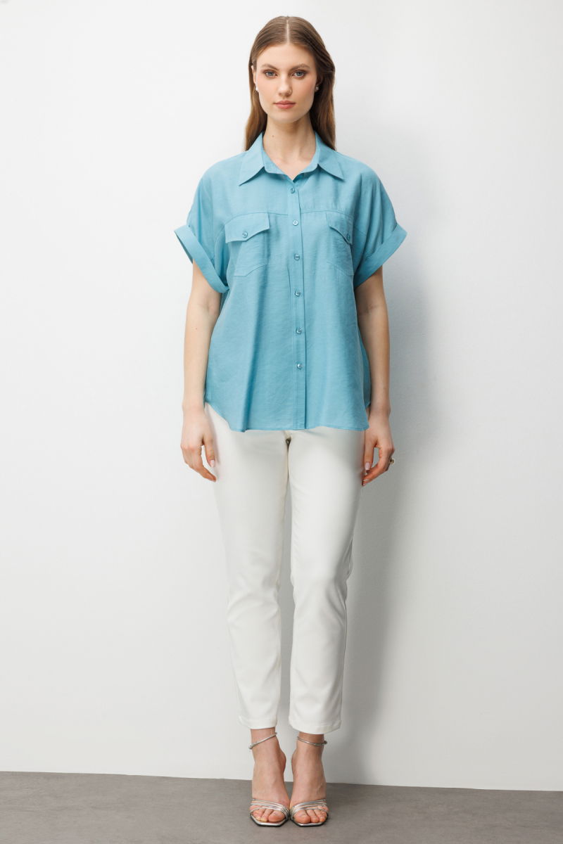 Ekol Kadın Büyük Beden Kapak Cepli Kısa Kol Gömlek 2588 Aqua - 3