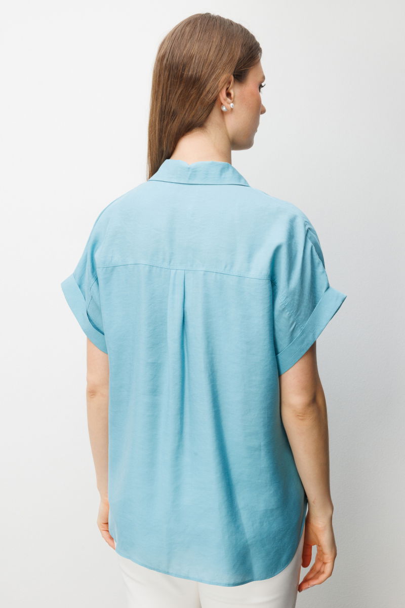 Ekol Kadın Büyük Beden Kapak Cepli Kısa Kol Gömlek 2588 Aqua - 4