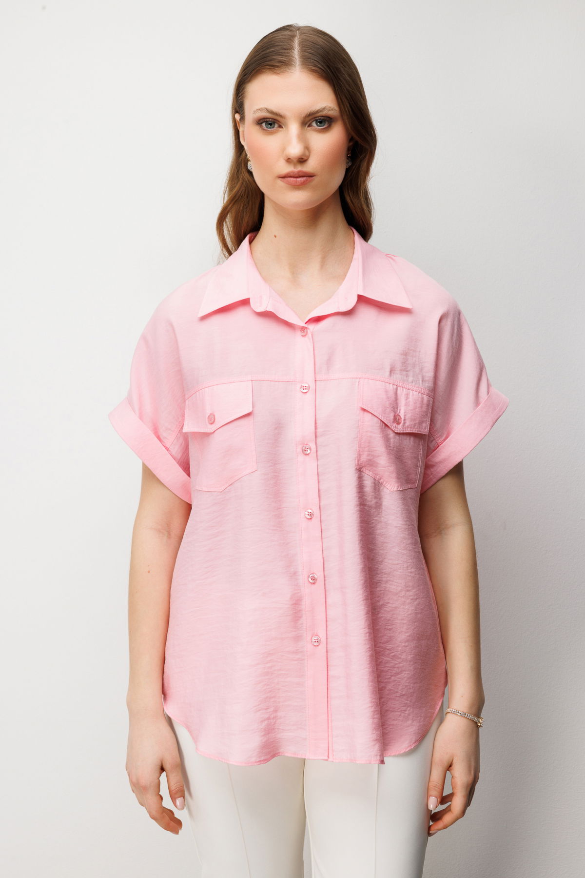 Ekol Kadın Büyük Beden Kapak Cepli Kısa Kol Gömlek 2588 Pembe - 1
